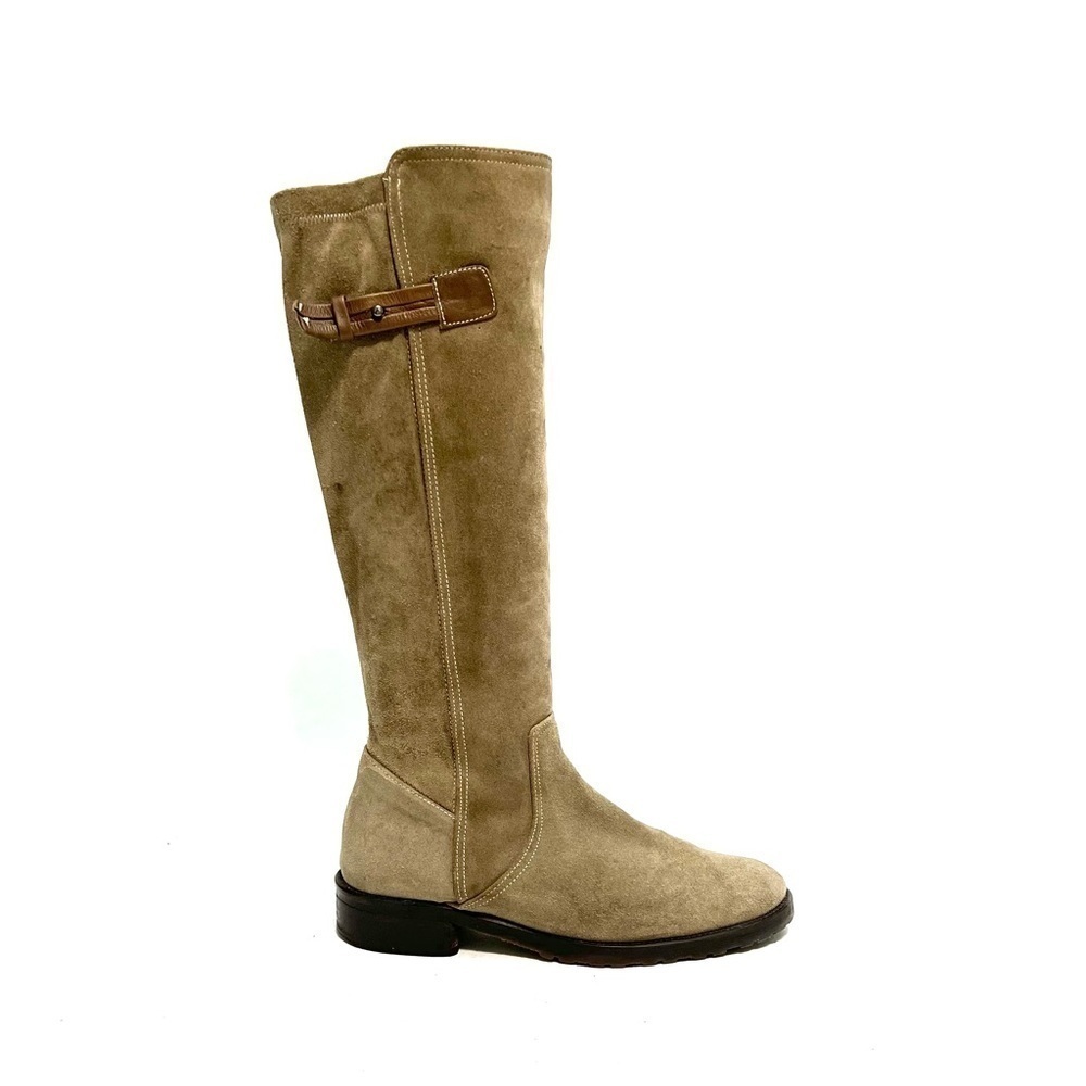 Vintage 1990s women’s tan suede zip up knee high fleece line buckle riding boots